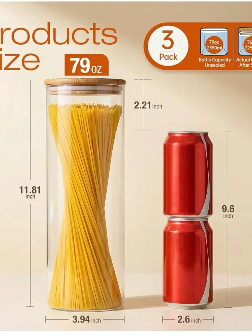 Glass Pantry Canister with Bamboo Lid - Clear - Almost 12” / 79oz. 3 Pack